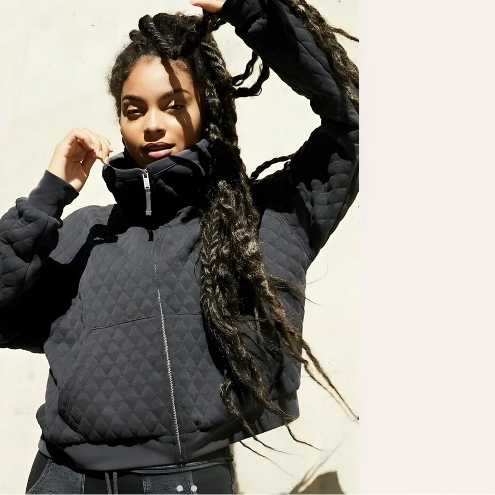 Free People Movement Oversized Quilted Hoodie Jacket Full Zip Dark Gray | Size M - Picture 2 of 16